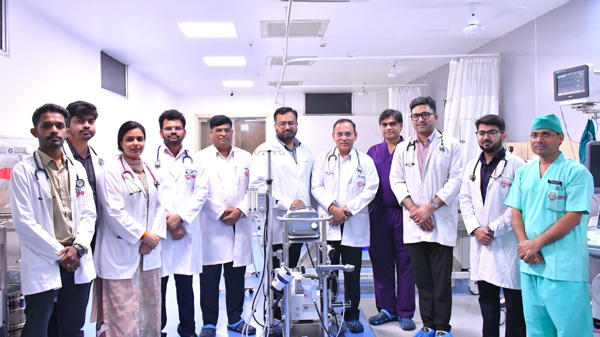 Multidisciplinary critical care team with ECMO equipment at SRMS Institute of Medical Sciences, Bareilly