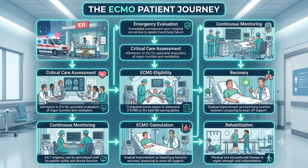 Infographic showing the ECMO patient journey from emergency evaluation through ECMO cannulation to recovery and rehabilitation