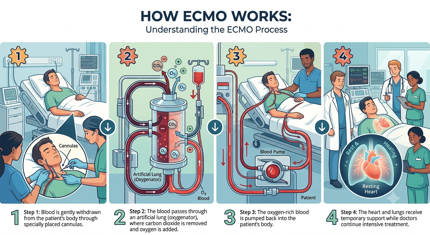 Diagram showing the four steps of how ECMO works: blood withdrawal, oxygenation, return to body, and organ recovery